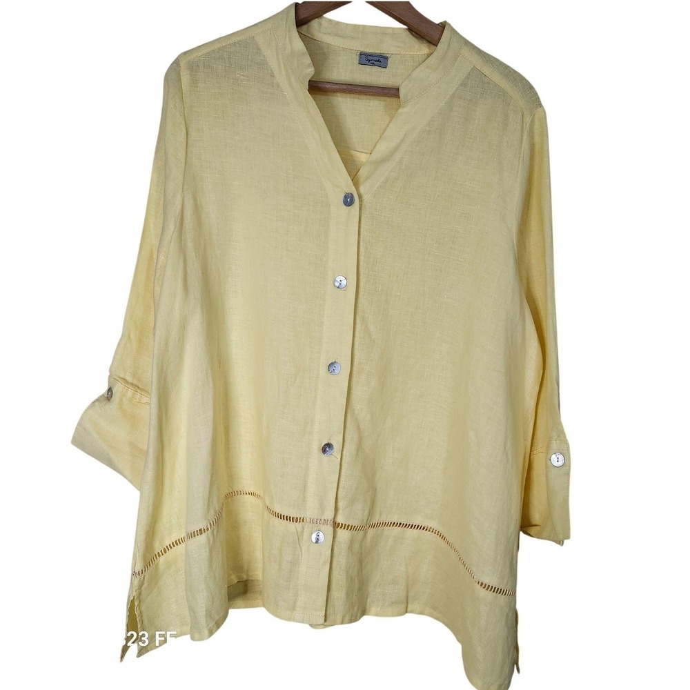 Symple NYC 100% Linen Button Up Tunic Top Women Butter Yellow 3/4 Sleeve Coastal